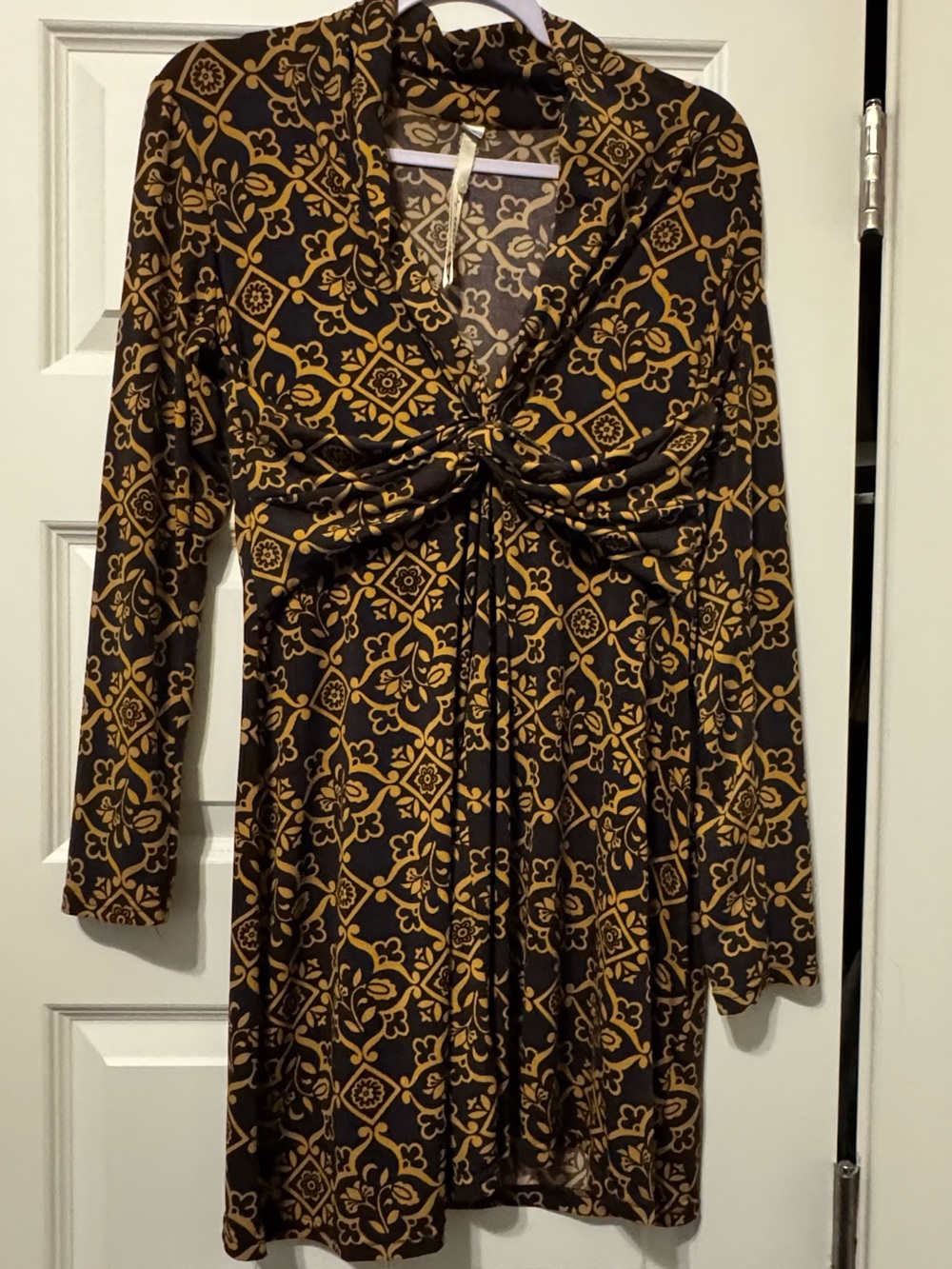 Uncle Frank Brown and Mustard Knot-Front Long Sleeve Dress